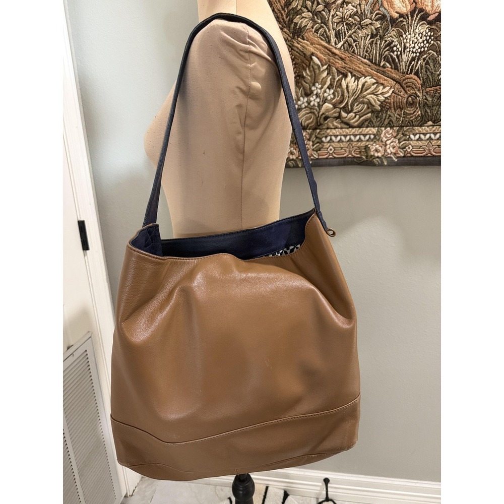 Boden Hobo Bag Womens Large Brown Leather Blue Shoulder Purse Geometric Lining